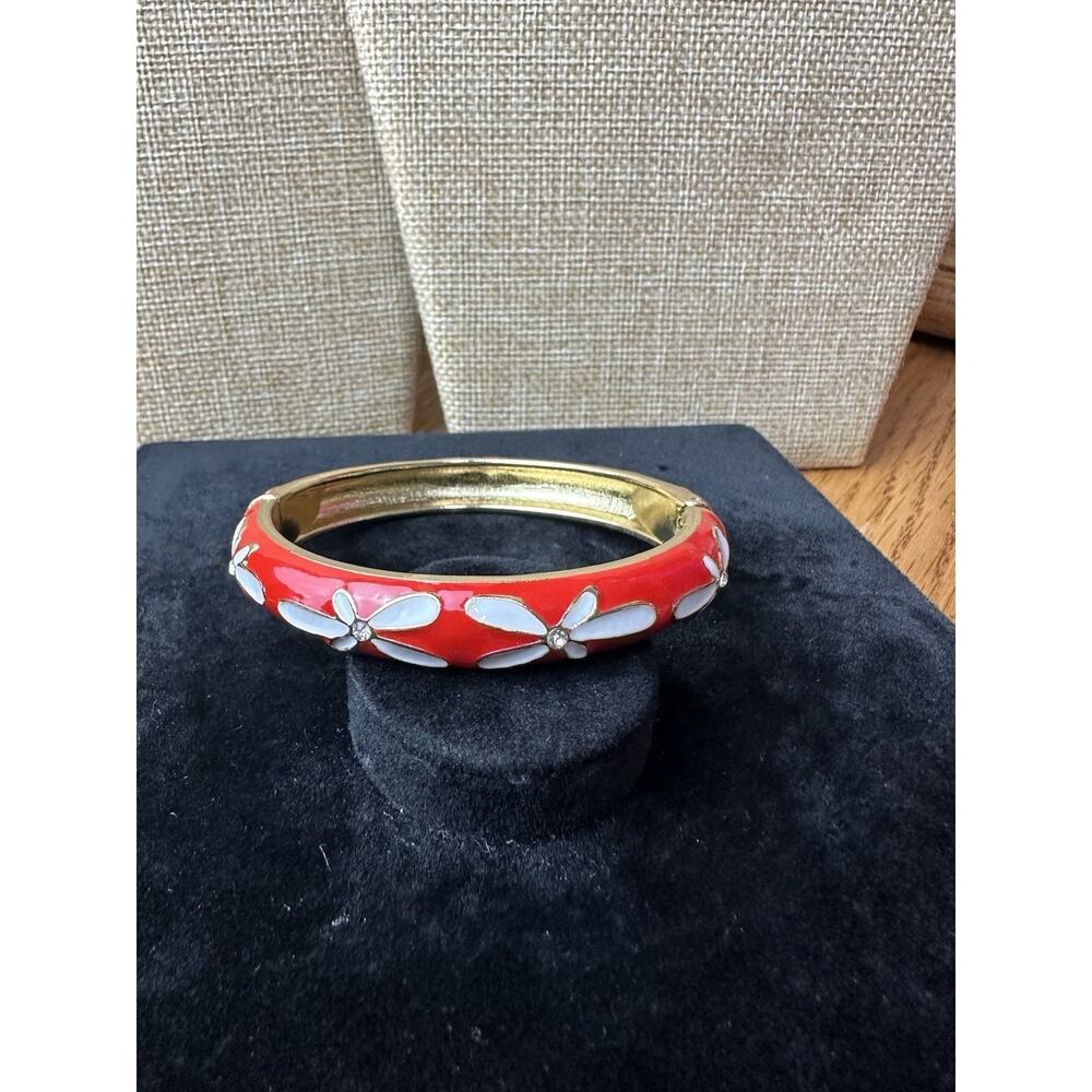 Sequin Nordstrom Red White Daisy Gold Tone Statement Enamel Bangle Bracelet #187